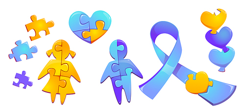 Set autism world day awareness, colorful puzzle pieces, child girl and boy silhouette, heart figure and blue ribbon isolated on white background, international solidarity cartoon symbols vector icons