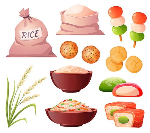 Rice in bag and bowl, flour in sack, grain ear and traditional japanese food. Vector cartoon set with sushi, rice noodle, chips, dango, griddle cakes and mochi isolated on white background