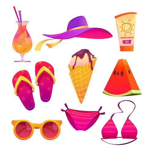 Cute summer stickers for girls, cartoon ice cream, pink bikini swimwear, watermelon, cocktail with orange slices, beach hat, sunglasses and colorful flip flops, sunscreen cream vector set