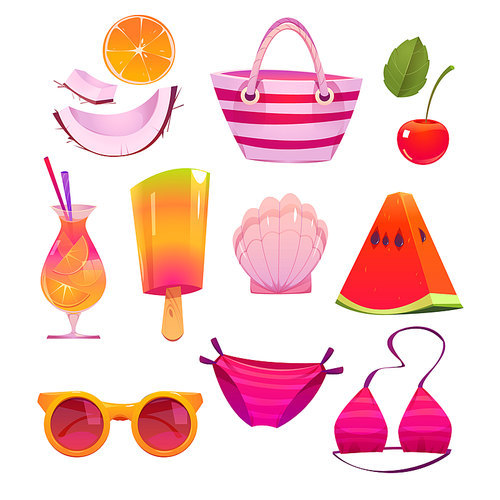 Cute summer stickers for girls, cartoon ice cream, pink bikini swimwear, watermelon and orange slices, cherry and beach bag, shell, sunglasses and coconut or shell vector set