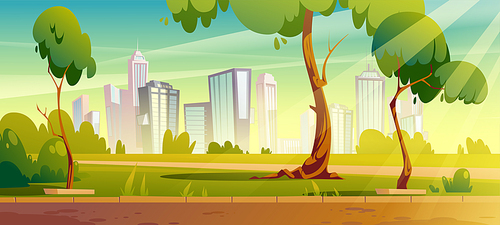 City park, summer or spring time scenery landscape, cityscape background, empty public place for walking and recreation with green trees and lawn. Urban garden with pathway Cartoon vector illustration