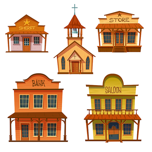 Wild west buildings set. Church, saloon, bank, sheriff and store wooden traditional western architecture isolated on white background. House exterior, cowboy style design, Cartoon vector clip art