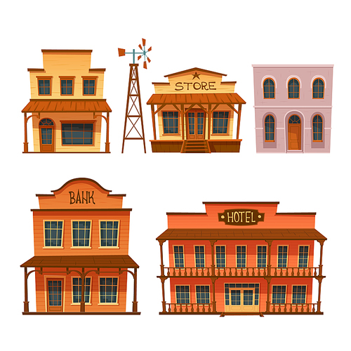 Wild west buildings set store, bank, hotel and weather vane tower. Wooden traditional western architecture isolated on white background. House exterior, cowboy style design, Cartoon vector clip art