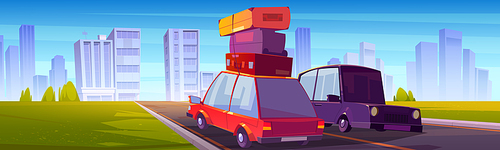 Cityscape with cars on road and buildings on skyline. Vector cartoon illustration of summer landscape with city on horizon, green grass, trees, highway and auto with luggage on roof