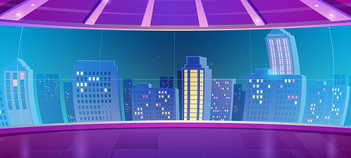 Night city in neon lights on cinema screen or observation deck view. Futuristic cityscape with glow illumination. Modern town buildings exterior architecture in blue colors Cartoon vector illustration