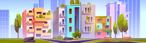 Green city district with eco houses, modern architecture with plants growing house roof or balconies, park area at front yard with asphaled paves, trees, benches and roks Cartoon vector illustration