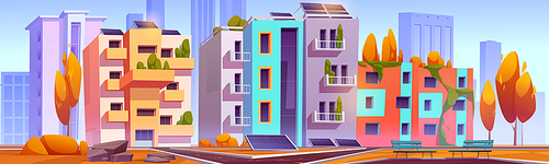 Green city with eco houses autumn landscape, modern architecture with solar panels, plants growing on house roof or balconies, park at front yard with paves, trees, benches Cartoon vector illustration