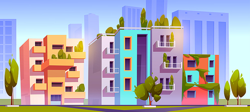 Green city with eco houses with garden on buildings roof and balcony. Vector cartoon illustration of summer cityscape with modern house and office buildings with green plants on rooftop and terrace