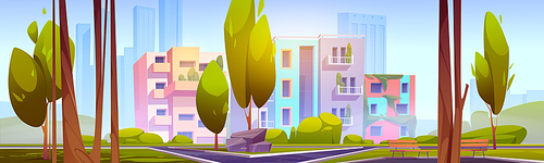 City park with trees, benches and eco houses with garden on roof and balconies. Vector cartoon illustration of summer cityscape with public town park and modern buildings with green plants