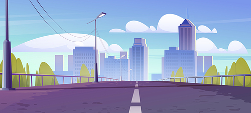 City skyline view from bridge, metropolis cityscape. Street lamps and railings along two-lane road, skyscraper buildings, urban architecture. House towers under cloudy sky, Cartoon vector illustration