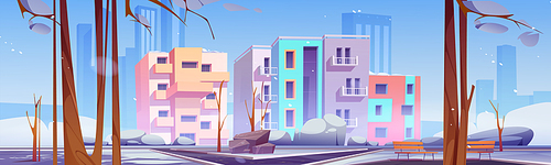 Winter city district, outdoor cityscape dwelling territory with modern houses architecture, park area at front yard with asphalted paves, snow, bare trees, bench and rocks Cartoon vector illustration