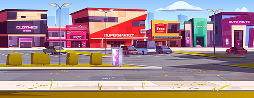 City street with commercial buildings, shops and car parking. Vector cartoon autumn cityscape with supermarket, cafe, library, pharmacy, store with clothes and auto parts