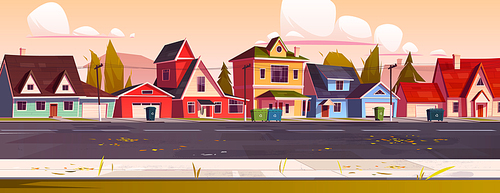Suburb district street with houses in autumn. Vector cartoon illustration of fall landscape with suburban cottages, garages, garbage bins and road at evening