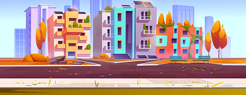Eco city district with solar panels on houses and garden on buildings roof and balcony. Vector cartoon illustration of autumn cityscape with modern houses with green plants and renewable power