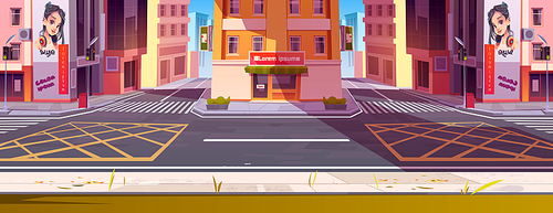 City street with houses, store or cafe showcase, road intersection with pedestrian crosswalk and traffic lights. Vector cartoon illustration of urban architecture, cityscape with buildings and shops