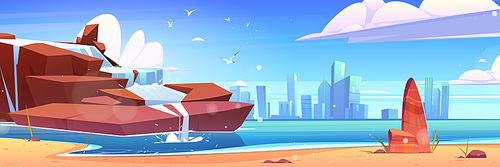 Waterfall on sea beach and city buildings on skyline. Vector cartoon illustration of summer seascape with water falling from rocks, sand shore and town skyscrapers on island on skyline