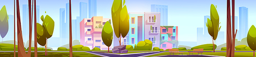 Summer landscape with city park and eco houses with green plants on balconies. Vector cartoon illustration of cityscape with modern buildings, public garden, benches, trees and grass