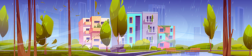 Green city district with modern houses at rainy day. Urban architecture dwellings with park area at front yard with paves, trees, benches, puddles and rocks, Cartoon vector panoramic illustration