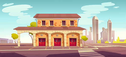 Fire station building with closed red gates. Vector cartoon summer cityscape with town firefighter department. Office of extinguisher service with garage for emergency rescue trucks