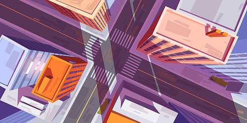 City top view with buildings and car road intersection with pedestrian crosswalk. Vector cartoon illustration of cityscape in aerial view, street crossroad, sidewalk and roofs of urban houses