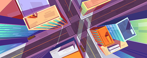 City street top view with high buildings and empty crossroad. Urban architecture and infrastructure with transport intersection and zebra, modern megapolis with skyscrapers Cartoon vector illustration