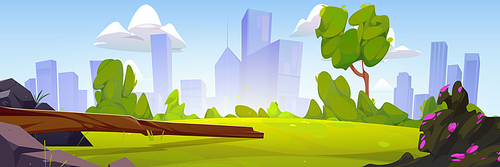 Summer park or country landscape with green grass, log, stones and modern city on skyline. Nature scene of lawn with bushes and spring flowers, trees, vector cartoon illustration