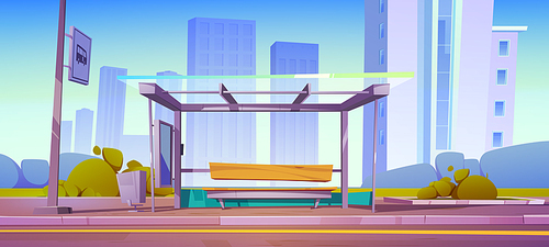 Bus stop, city station for commuter transport. Glass shelter with wooden bench, litter bin and schedule on roadside with cityscape . Summer urban landscape, game background Cartoon vector illustration