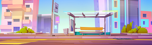 Bus stop with shelter on city street. Urban landscape with public transport station, house, office and hospital buildings, car road with pedestrian crosswalk, vector cartoon illustration
