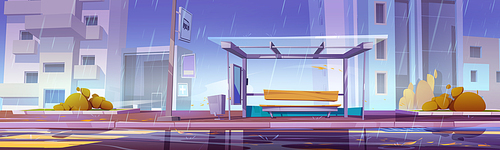City bus stop at rainy weather, commuter station for transport under autumn stormy rain on cityscape view. Glass shelter with bench on wet roadside with zebra and puddles, Cartoon vector illustration