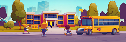 Happy children run to school with yellow bus parked at roadside. Contemporary kids students characters, boys and girls in uniform hurry in modern campus for education, Cartoon vector illustration