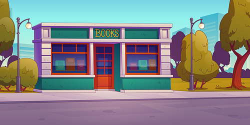 Books store building on city street. Summer urban landscape with bookstore facade, road with sidewalk and lanterns, green trees and houses on background, vector illustration in contemporary style
