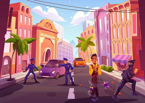 City street with characters on road, policemen, robber with stolen gold ring, discouraged puppeteer man with dolls on ropes. Game or book scene with funny personages, Cartoon vector illustration