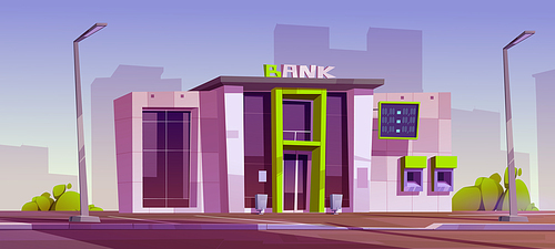 Modern bank building, financial branch on city street. Summer urban landscape with bank office exterior with ATM cash machines and currency exchange rates, vector cartoon illustration
