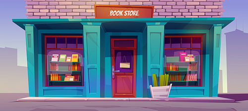 Books store in house on city street. Urban landscape with building facade with shop exterior, books on showcase, brick wall and sidewalk, vector cartoon illustration