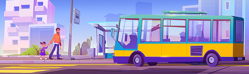 People on bus stop, father with little daughter walking to public transport parked station with booth and sign at cityscape background with road, zebra and modern houses, Cartoon vector illustration