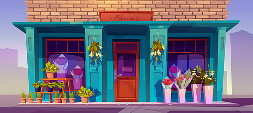 Flower shop facade, traditional store front with bouquets in vases or pots standing on street at commercial floral boutique entrance. Florist market stall city architecture Cartoon vector illustration
