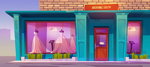 Wedding salon with white gowns on mannequins, jewelry accessories in large illuminated shop windows. Facade of bridal store building on city street. Fashion business. Cartoon vector illustration