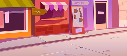 City street with old buildings and market stalls along asphalted road. Oriental district with souvenir store and baklava booth. Urban area, game background with shops, Cartoon vector illustration