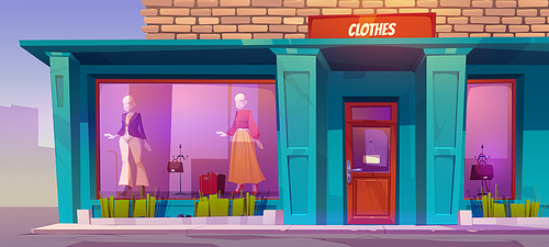 Clothes store facade, apparel shop exterior with mannequins wear female garment in large windows outside view. City fashion boutique or showroom building with closed door, Cartoon vector illustration