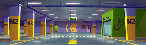 Underground car parking with escalator, vacant places, zebra and direction markup. Empty area for transport in building basement with columns and guiding yellow arrows, Cartoon vector illustration