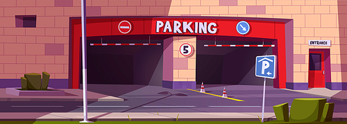 Barrier parking entrance, mall underground garage facade outside view with gates, striped cones, asphalted road, signs and bars at building basement. City infrastructure Cartoon vector illustration