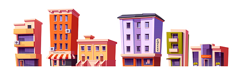 City buildings, modern houses architecture book store, coffee house and bank facades. Multistory and low-rise dwellings, shop, cafe or hotel with glass windows exterior, Cartoon vector illustration