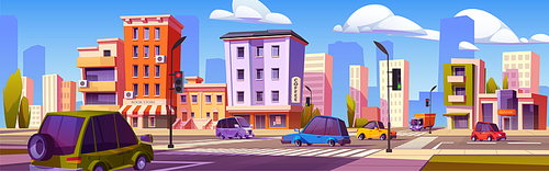 Cars driving at city crossroad on cityscape background with buildings and trees. Modern automobiles riding megalopolis asphalted road with signs, traffic lights, zebra Cartoon vector illustration