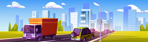 Traffic on highway against cityscape background. Cartoon vector illustration of cars and truck driving urban road on sunny day, green grass on roadside, skyscrapers under blue sky. Transportation
