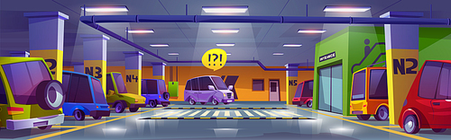 Full mall parking, underground car garage interior with vehicles stand in lots and driver searching empty place for transport in building basement, city infrastructure, Cartoon vector illustration