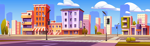 Car road intersection with traffic lights and pedestrian crosswalk. City street landscape with crossroad, sidewalk, houses, store, cafe and band building, vector cartoon illustration