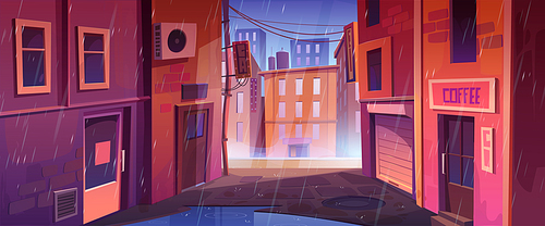 Back street alley with houses, store and cafe in rain. Empty alleyway with town buildings with brick walls, doors and windows in rainy weather, vector cartoon illustration