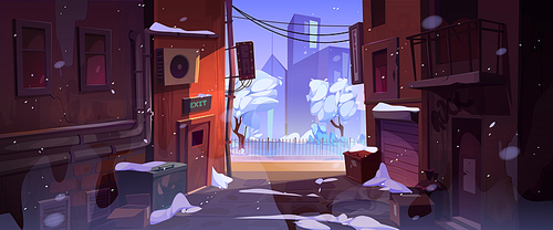 Winter city street landscape with old houses, back alley, road and park behind fence in snowfall. Dirty alleyway with trash bins and snow, vector cartoon illustration