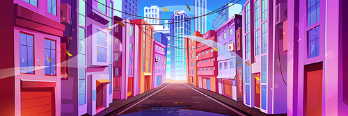 Autumn city landscape with street with houses and road in perspective view. Town buildings, skyscrapers, hanging power lines, flying orange leaves, vector cartoon illustration
