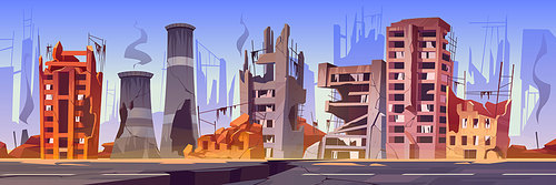 Destroyed buildings on city street after war or natural disaster. Vector cartoon illustration of abandoned broken houses with smoke and cracked road. Derelict town ruins after explosion or earthquake